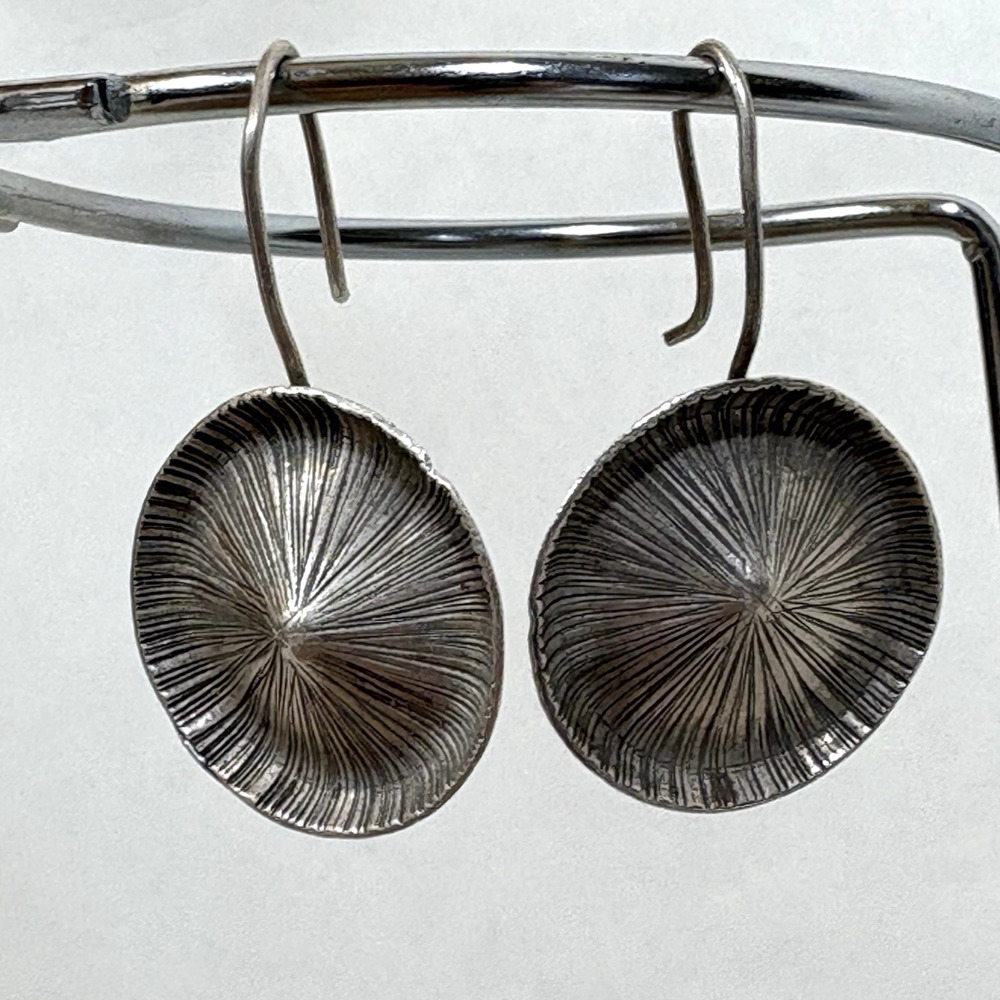 Modernist Silver Tone Earrings Round Domed Organic Circle Hook Pierced Minimal